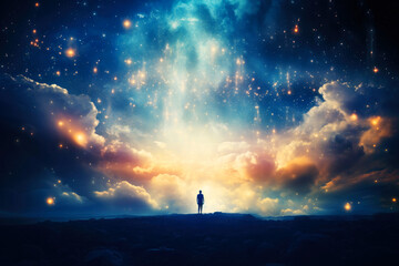 Fototapeta premium Faith. Heavenly background. Man standing on the background of the heavens with clouds and light rays