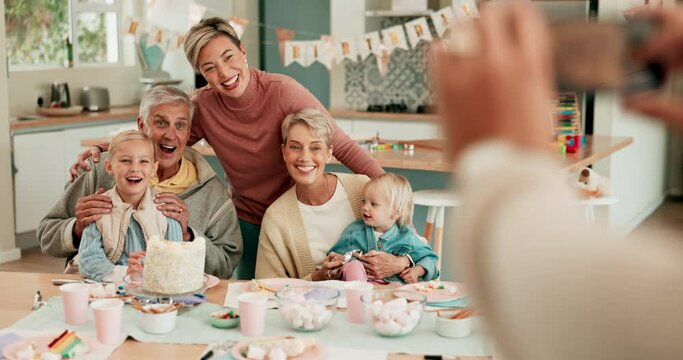 Grandparents, children and birthday with photography, happy and family house with mother, cake and party. Senior man, women and young kids with phone, love or celebration in home with memory at event