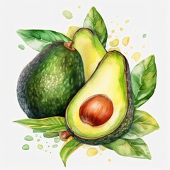 Generative AI : Avocado fruit watercolor food illustration isolated on white background