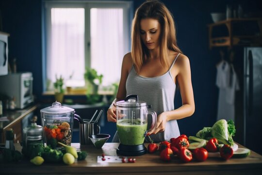Generative AI : Young woman preparing a healthy smoothie in the kitchen
