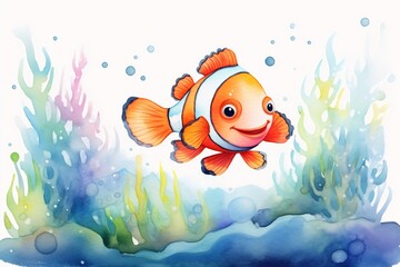 Fototapeta na wymiar Generative AI : Colorful Clownfish Dance: Underwater Watercolor Wonderland