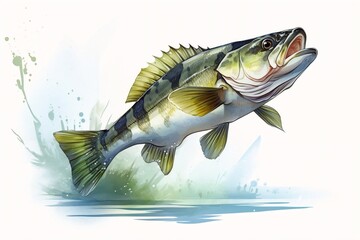 Generative AI : Playful Flat Illustration of a Cute Bass Fish in Watercolors