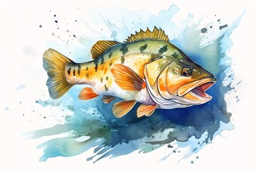 Generative AI : Playful Flat Illustration of a Cute Bass Fish in Watercolors