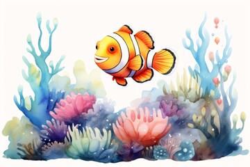 Obraz na płótnie Canvas Generative AI : Colorful Clownfish Dance: Underwater Watercolor Wonderland