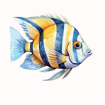 recommend clip art: Generative AI : Watercolor drawing set of coral, ribbon algae, bottom stone, shell and royal angel on white background. Naturally curved leaves and coral branches, bright fish. Underwater life for sti