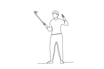 Fototapeta premium One continuous line drawing of a Male vloggers use mobile phones and selfie sticks to make vlogs 