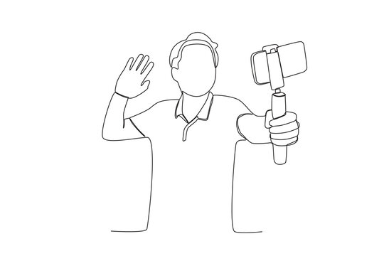 One continuous line drawing of a male vlogger who uses a mobile phone and a selfie stick greets his followers
