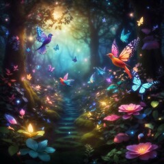 Fantasy forest with colorful butterflies and birds