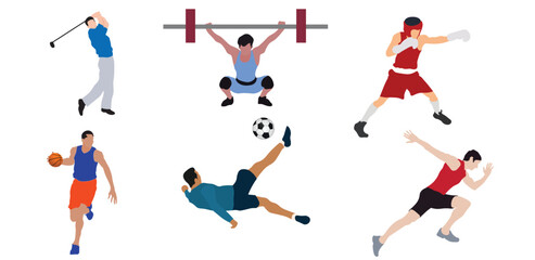 Set of sports person golf Weightlifting boxing basketball football Athletics Olympic Games vector