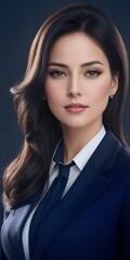 close up of gorgeous confident woman in professional attire, blue suit