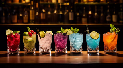 a group of colorful cocktails with a blurry bar background. AI generated 