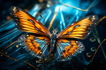 Blue and orange butterly closeup. Created with Generative AI technology.
