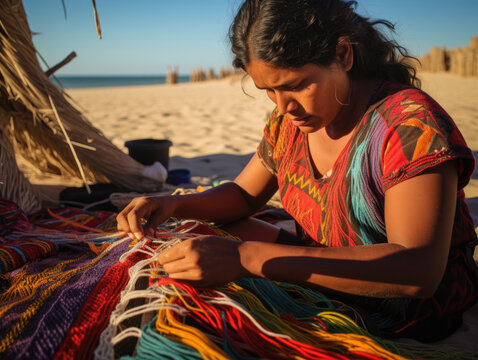 Vibrant Weavings of La Guajira. Artisans at Wayuu Workshop Craft Colorful Mochilas and Hammocks in the Desert.
