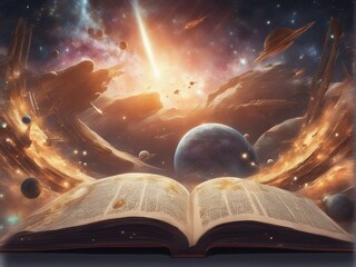 Open book from which planets and spaceships emerge.