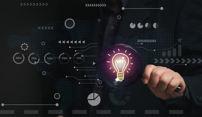 ideas concept. Man holding light bulb with starburst sparks. brainstorming ideas in a new way. finding solutions to problems encountered. Business Process thinking system.