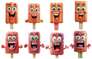 Fotobehang Cartoon illustrations of happy, smiling and angry popsicles, on a transparent background, Generative AI © Farantsa
