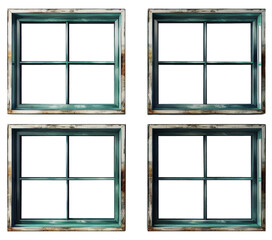 four green with light brown weathered window frames with transparent see-through, on a transparent background, Generative AI