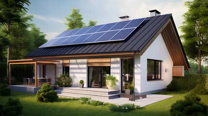 Solar powered modern House with solar panels attached on the roof