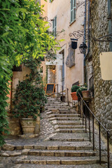 Fototapeta na wymiar Ivy covered wall of a traditional old stone house in picturesque medieval town of Saint Paul de Vence, French Riviera, South of France