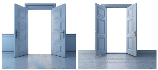 two white open double doors with a marble and a white parquet floor, on a transparent background, Generative AI
