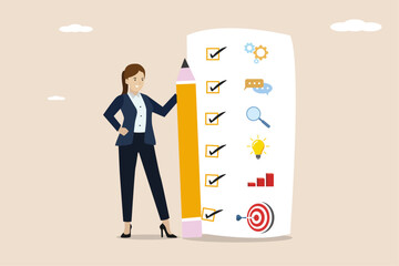 Business strategy list or todo list for responsibility and achievement concept, confident businesswoman standing with pencil after completing all tasks checklist.