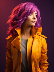 Studio closeup of a young woman with a colorful wavy hair and a yellow jacket posing for the camera. Generative AI.