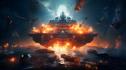 Futuristic battle scene with a battleship. Galactic Futuristic Sci-Fi Battle Ship in an Intergalactic Space War. 3D rendering generative AI
