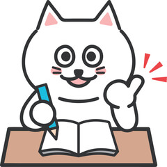 White cartoon cat enjoys studying with a thumbs-up sign. Vector illustration.