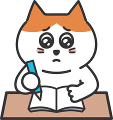 A tabby cat is about to cry while writing something.