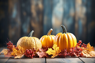 Autumn composition of pumpkins and maple leaves on wooden background. Generative AI