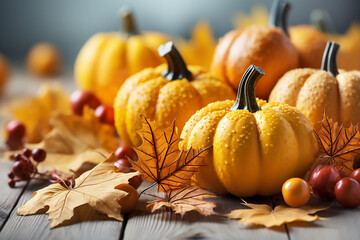 Autumn composition of pumpkins and maple leaves on wooden background. Generative AI