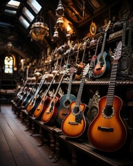 book cover illustration of an old attic packed with an array of classic and electric guitars, a silent melody from the past. Ai Generated