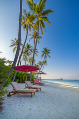 idyllic beach banner. Panoramic exotic landscape, couple beds under umbrella and palm trees. Happy love honeymoon travel destination horizon coast. Tropical island, sunshine blue sea sky white sand