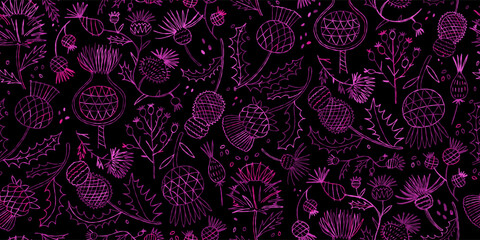 Milk Thistle flowers. Silymarin. Vector botanical illustration. Seamless pattern for your design