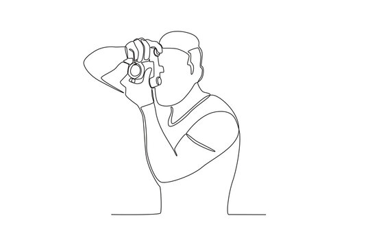 One continuous line drawing of a male photographer taking photo from the left side
