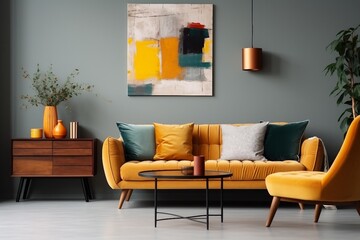 interior design, Abstract painting on grey wall of retro living room interior with beige sofa with pillows, vintage dark green armchair and yellow pouf with book. created generative ai.