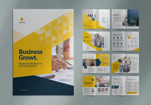 Business Brochure Layout Template with Yellow and Blue Background Colours