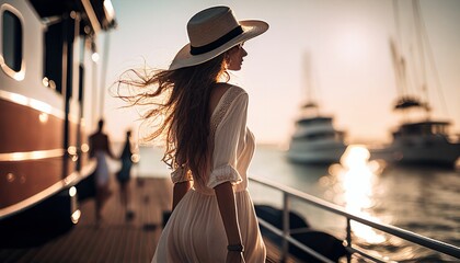 casual summertime woman summer cloth with hat walking near pier lake and yatch port ocean seaside...