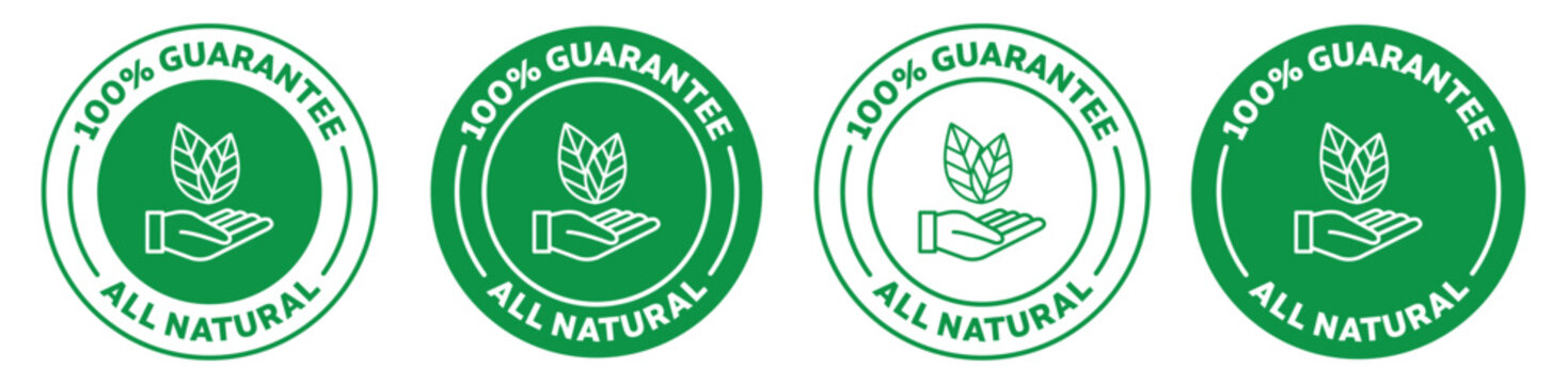 100% guarantee all natural icon set. made from natural organic ingredients product stamp in green color. 