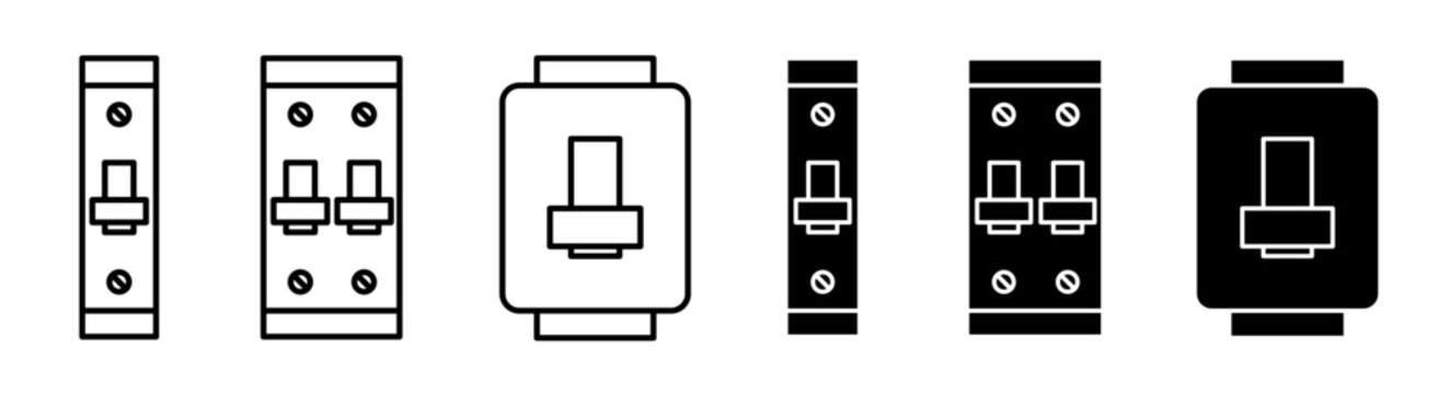 circuit breaker mcb panel box vector icon set in black filled and outlined style. electric mcb switchgear vector symbol.