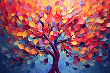  Illustration background of a colorful tree with vibrant leaves . Bright color abstraction wallpaper for interior mural painting , wall art decor, ai generated