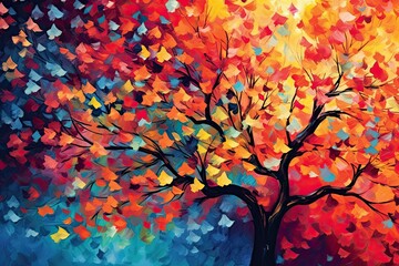 Obraz na płótnie Canvas Illustration background of a colorful tree with vibrant leaves . Bright color abstraction wallpaper for interior mural painting , wall art decor, ai generated