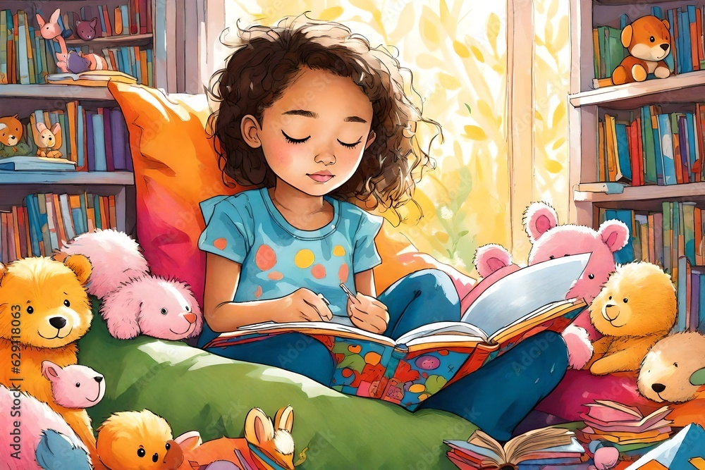 Wall mural an illustration of a cute little girl in her bedroom reading a book surrounded by toys and stuffed animals while sitting on a beanbag chair