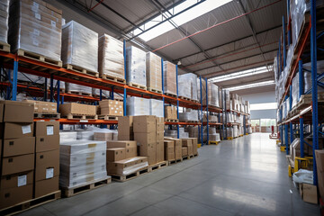 Interior of a modern warehouse. Large space for storing and moving goods. Logistics. Trade in the modern world.