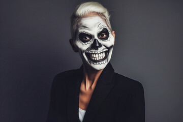 Halloween. Young beautiful girl on a dark background with a face painted for the holiday. Festive makeup for all saints day or halloween.