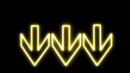 Glowing yellow three neon arrow down direction on black background. Bright neon down abstract directional icon. vector, neon glowing arrows. Direction banner. Futuristic light on black background. © Shapla