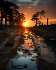 Fototapeta na wymiar book cover illustration showcasing climate change devastation: flooded cities, burning forests, drylands, and mud engulfed urban landscapes. Ai Generated