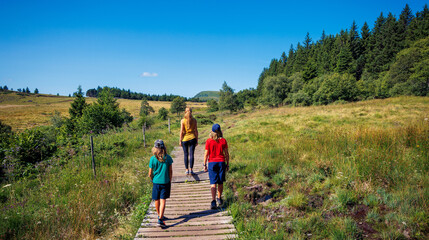 Fototapeta na wymiar Hiker family walking on wooden footpath in country- Auvergne, Cantal in France
