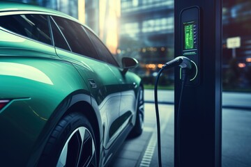 Electric car charging at a gas station in the city, industrial landscape, neon elements, healthy environment without harmful emissions. Eco concept - obrazy, fototapety, plakaty