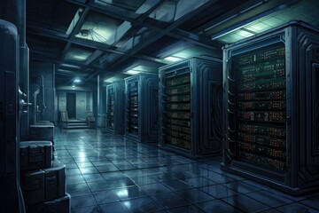 Working Data Center Full of Rack Servers and Supercomputers, Modern Telecommunications, Artificial Intelligence, Supercomputer Technology